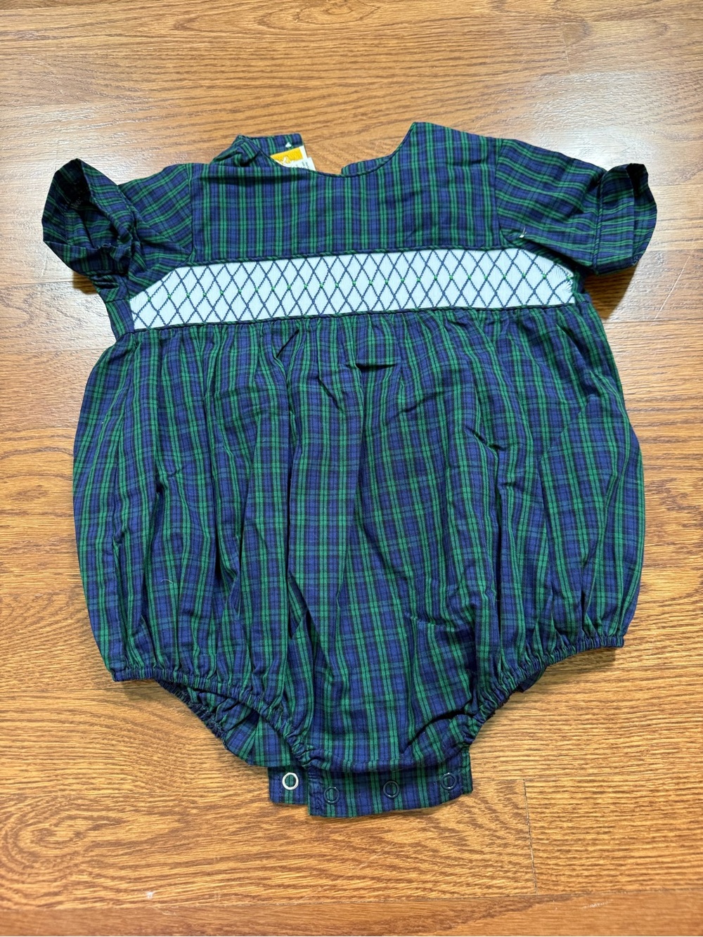 Plaid Bubble Romper with White Smocked Band